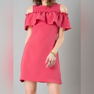 coral mini dress. It features a cold shoulder style and ruffle details.